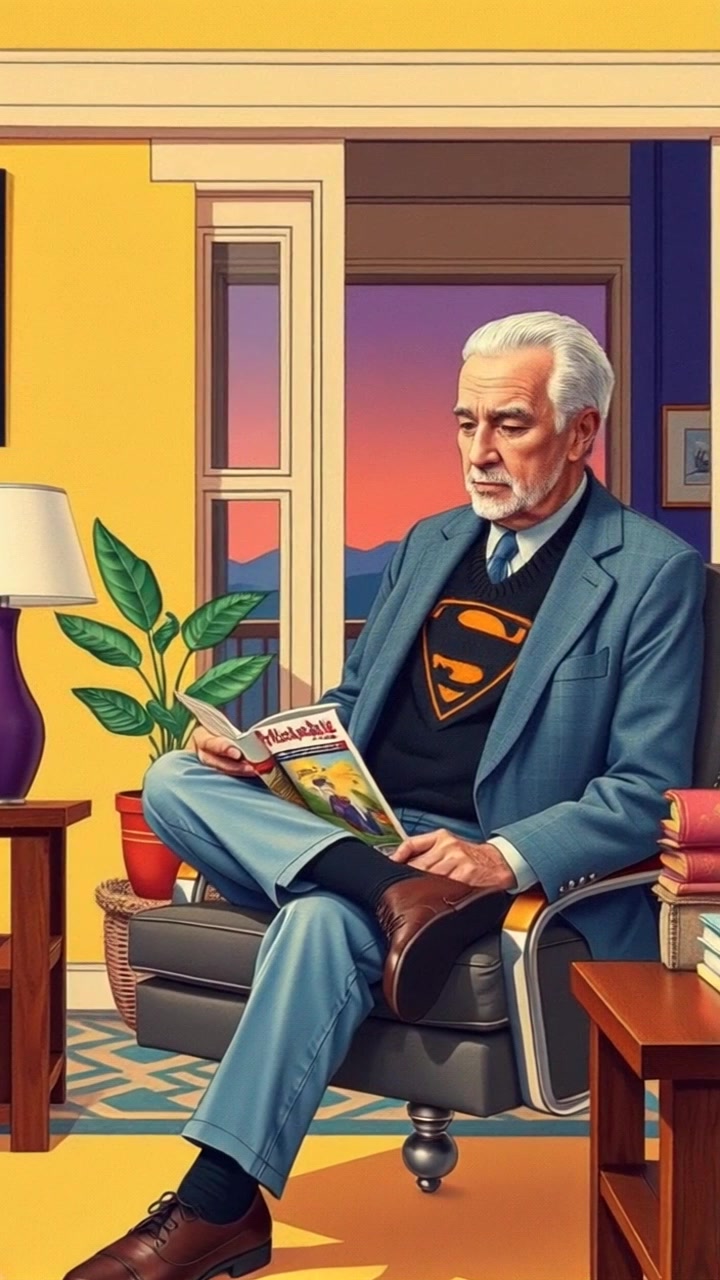 Subject: An older man relaxing in a comfortable armchair. Subject movement: He calmly turns the pages of a magazine, occasionally glancing up with a light smile. Scene: A serene living room decorated with warm tones, soft lighting, and cozy furnishings, creating an inviting atmosphere. Motion: The camera gently pushes in on the man, capturing his expressions and the textured details of the magazine as the light softens, highlighting the tranquil ambiance.