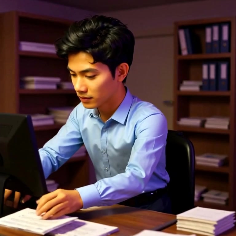 The man types intently on the keyboard, papers gently rustling in the quiet office.