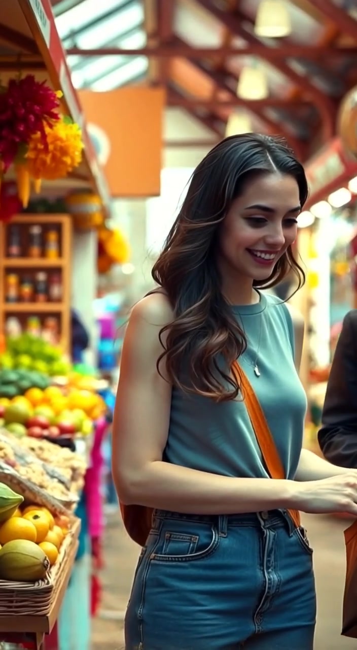 The woman gently assists an elderly person, smiling as they walk through a vibrant, bustling market filled with colors.