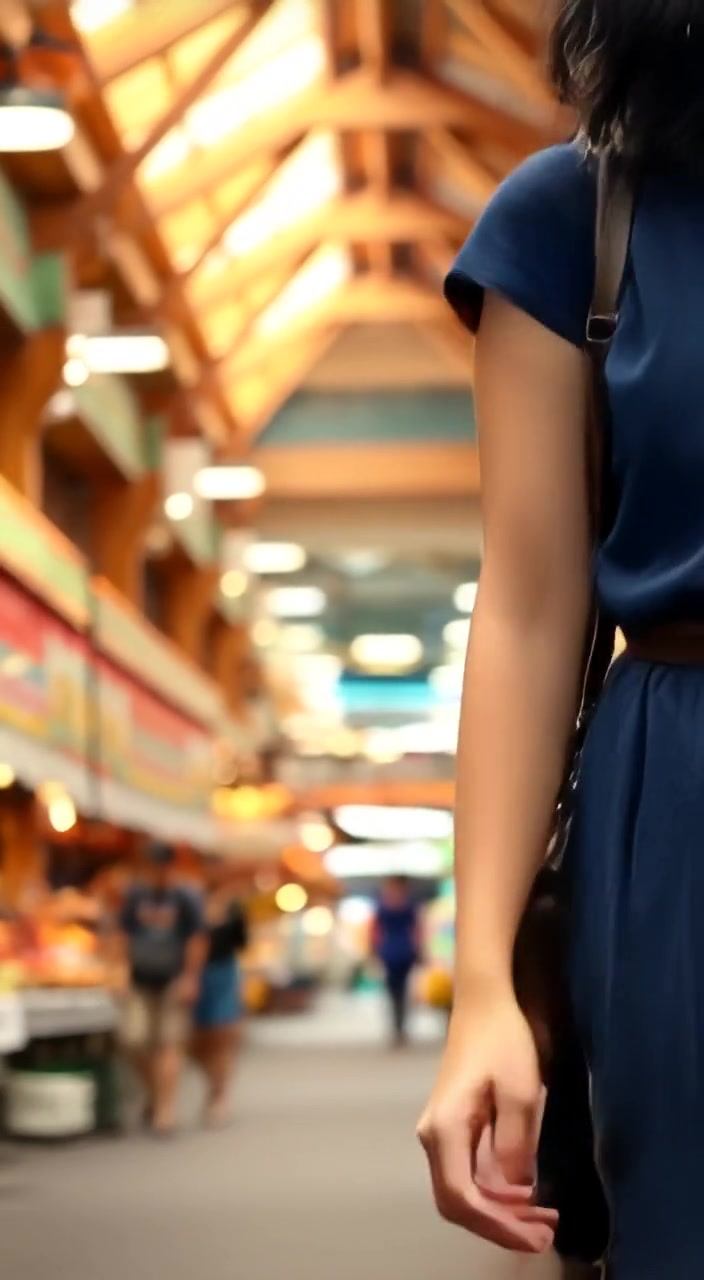 The woman strolls through the market, gently exploring vibrant stalls filled with colorful goods and aromas.