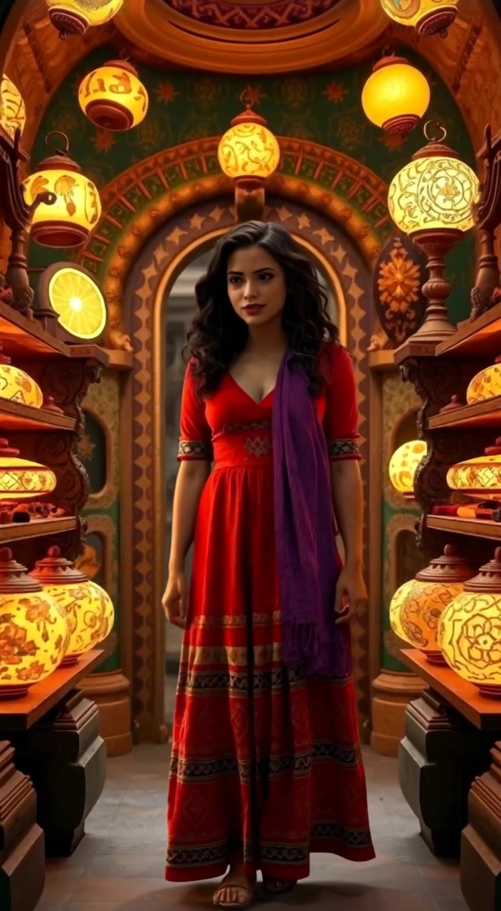 The woman gazes in awe as glowing artifacts softly illuminate the ancient shop.