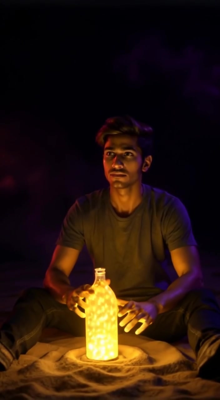 The glowing bottle emits light while the boy gazes in awe, surrounded by the vast, silent desert.