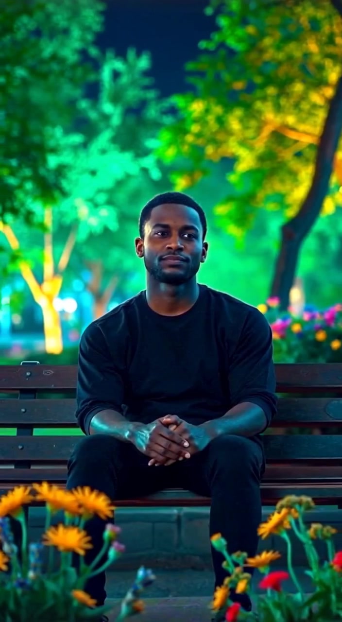 The man gently gazes at blooming flowers swaying in the breeze, seated peacefully on a park bench.