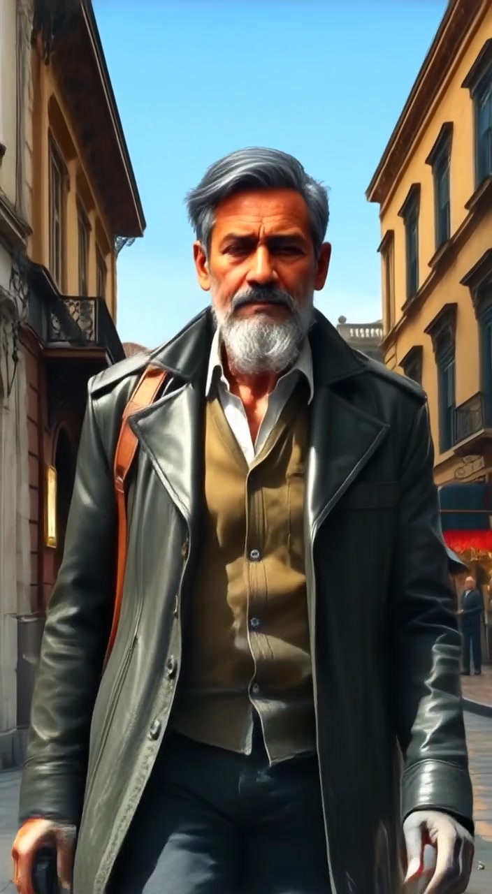 The man walks confidently down the historical street, passing colonial buildings under a clear blue sky.