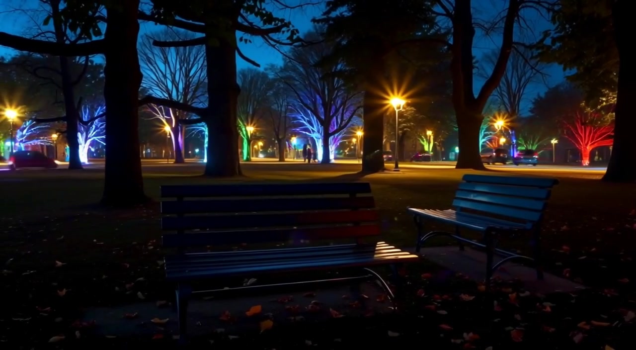 Leaves gently fall from the trees, creating a soft rustle on the empty benches in the serene park at dusk.