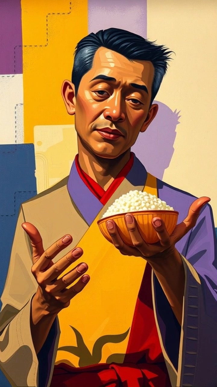 Subject: A knowledgeable figure explaining the significance of rice with expressive hand gestures. Subject movement: The figure passionately moves his hands while speaking, emphasizing key points. Scene: A vibrant agricultural setting, surrounded by lush rice fields under a clear blue sky. Style: Natural daylight illuminating the scene, creating a warm and inviting atmosphere. Motion: The camera captures a dynamic close-up of the figure’s hands as they move, then smoothly pulls back to reveal the expansive fields, blending the personal moment with the grandeur of the landscape.
