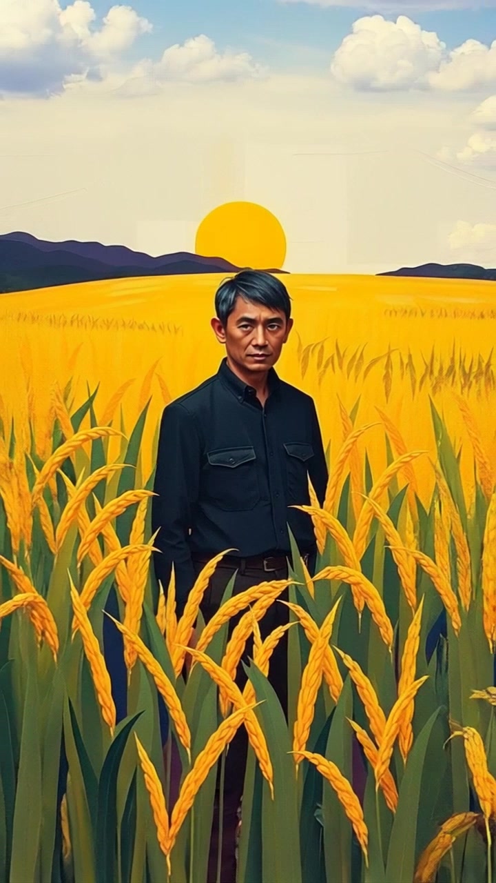 Subject: Pak Rama standing proudly yet humbly in a lush field of rice. Subject movement: He shifts slightly as a gentle breeze rustles the rice stalks around him. Scene: A vibrant, green rice field under a clear blue sky, dotted with fluffy white clouds. Style: Soft, natural lighting emphasizing the freshness of the scene, providing a warm and inviting atmosphere. Motion: The camera performs a slow push-in, bringing Pak Rama into focus as his surroundings breathe life with the swaying rice plants.