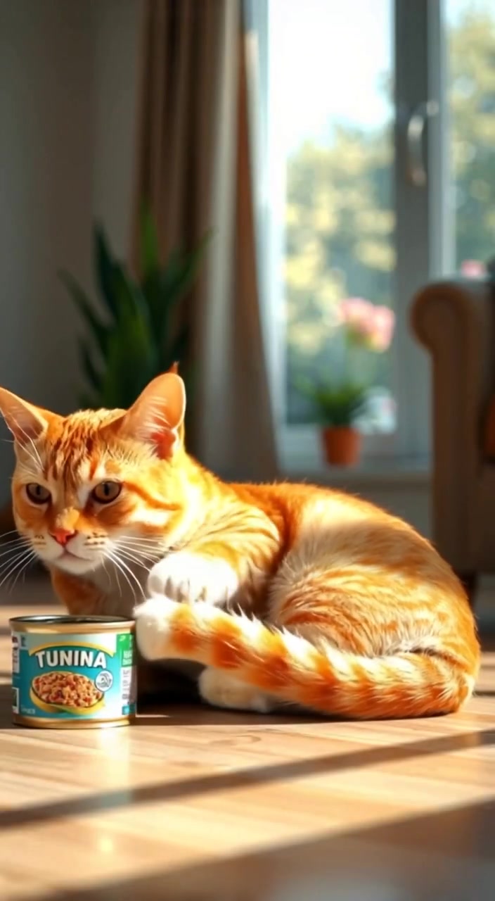 Mittens, a small orange tabby cat, happily curled up next to an empty tuna can.