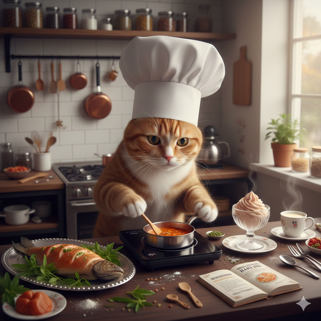 Kucing Kecil Membalik Pancake di Dapur