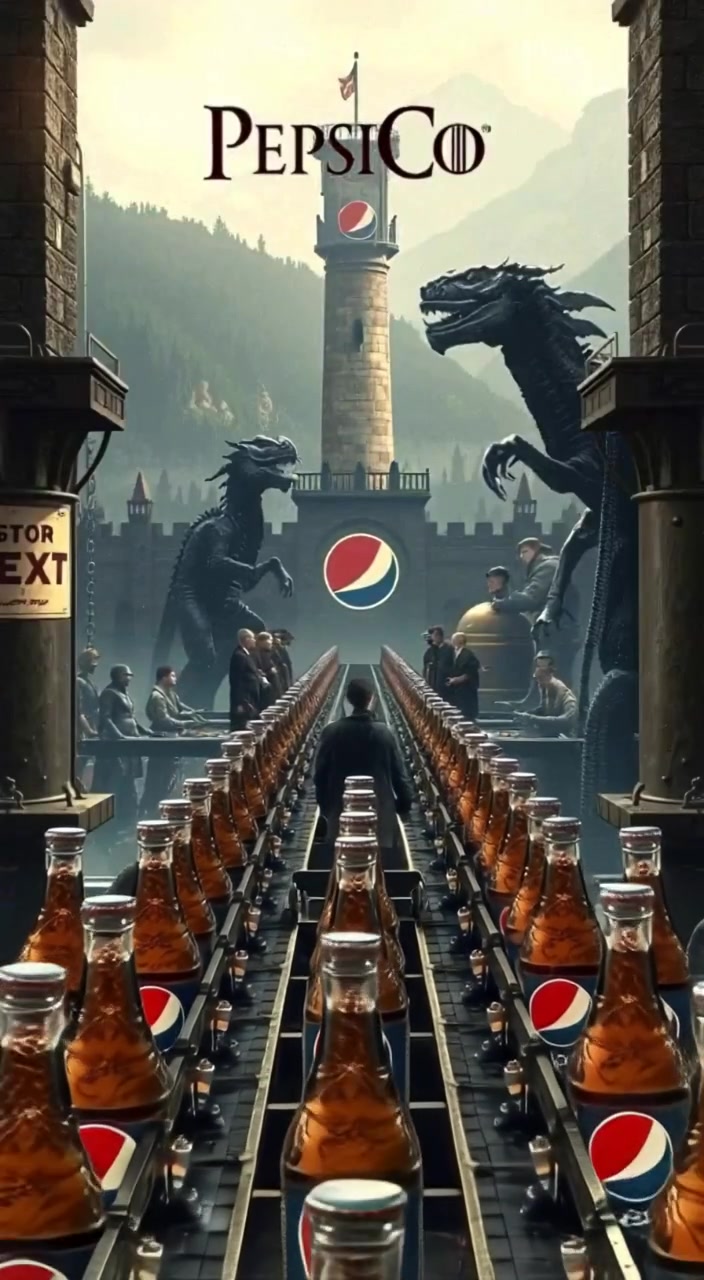 Bottles of soda move steadily along the production line in a bustling factory, with workers efficiently managing the process.