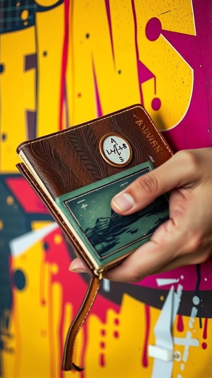 Scene: A close-up of hands gripping a worn leather journal filled with vibrant sketches and handwritten notes. Style: Warm, inviting lighting that highlights the texture of the leather and the intricacy of the drawings. Motion: The camera gently pushes in, focusing on the hands as they turn a page, revealing new sketches, with soft ambient sounds adding to the intimate atmosphere.