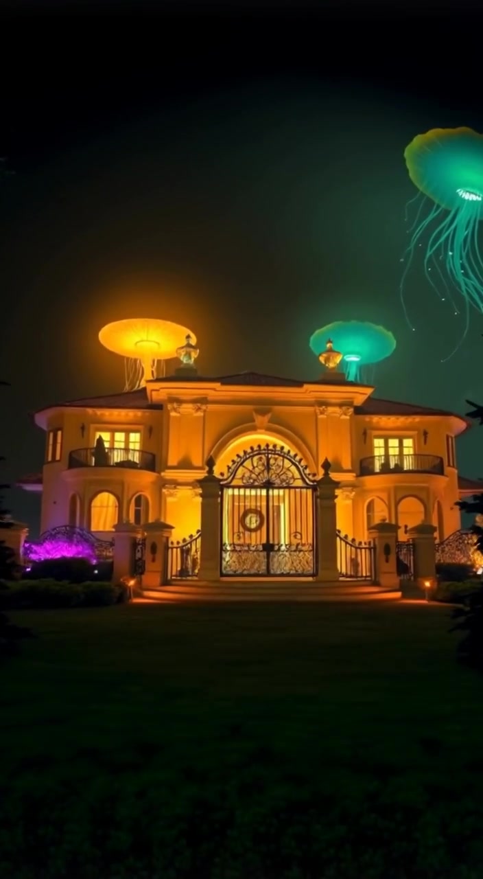 The camera gently pans across the grand mansion, revealing lush gardens and ornate gates glistening in the sunlight.