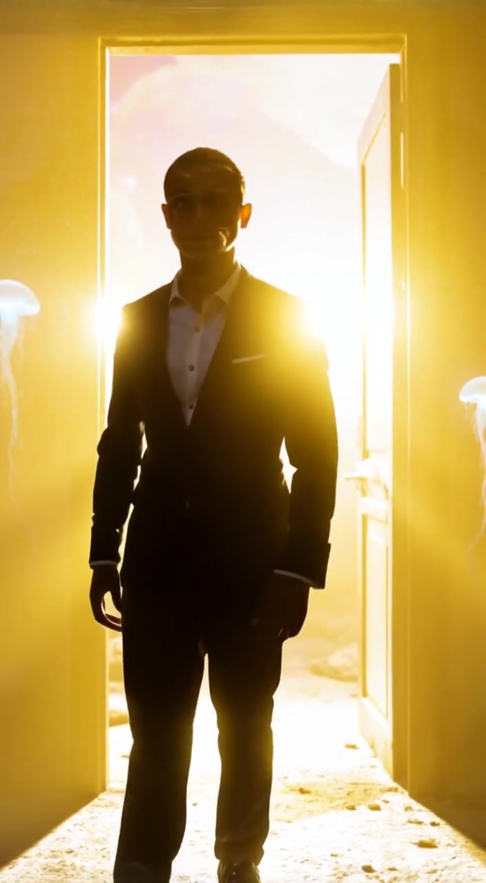 The boy slowly steps towards the open door, golden light illuminating his curious expression.