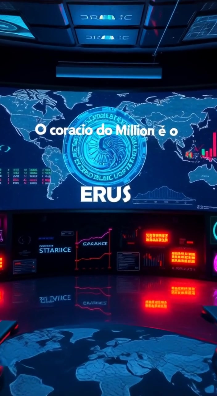 The camera slowly pans over glowing screens displaying data in a futuristic control room.