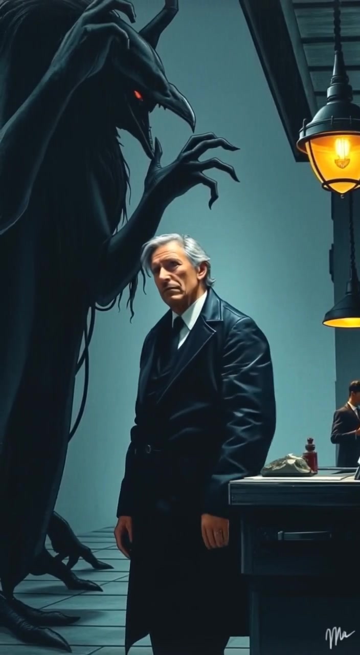The man slowly backs away from the counter, eyes wide, as shadows creep closer.