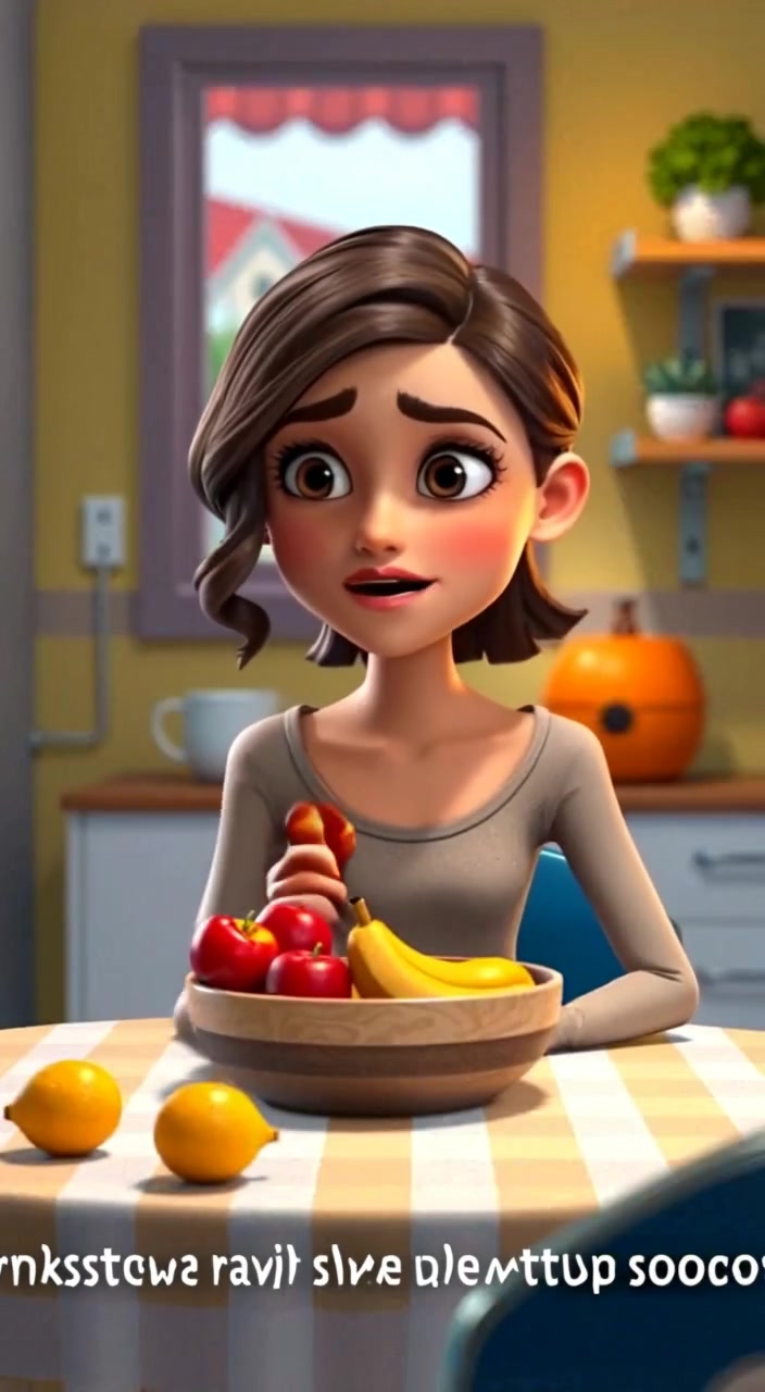 The woman gently reaches for a piece of fruit while glancing pensively out the kitchen window.