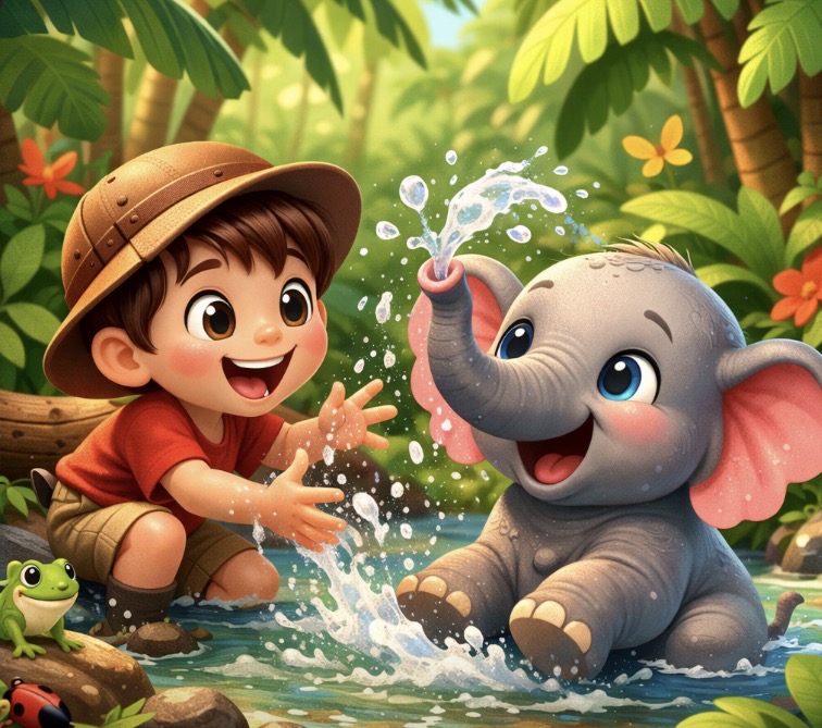 Child and Baby Elephant Playing in the Jungle