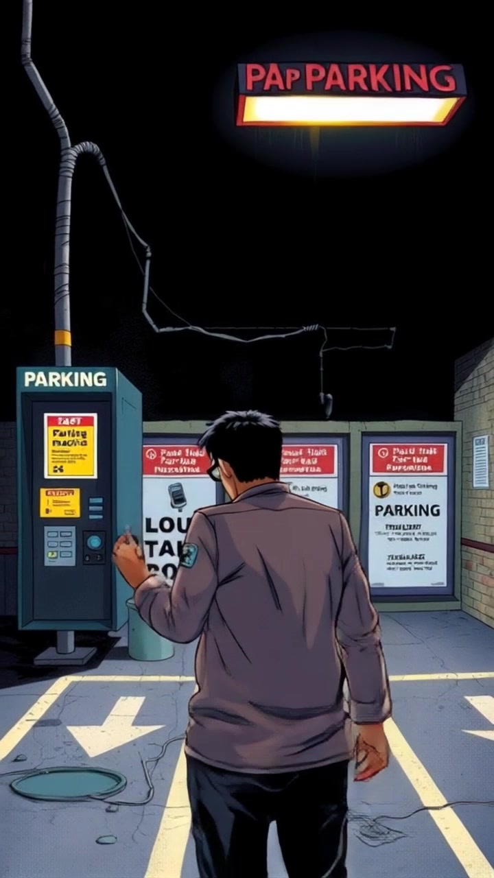 A parking machine in a well-lit parking lot with a frustrated man standing in front of it. The camera zooms in slowly on the man's face as he furrows his brows and taps his foot impatiently. Tracking the man's movements, the camera then pans out to reveal the entire parking lot. Bright overhead lights illuminate the scene creating a stark, tense atmosphere.