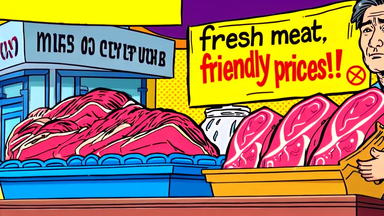 Scene: A bustling market stall filled with fresh meat, adorned with a vibrant banner stating 'Fresh Meat, Friendly Prices!'. Style: Bright, midday lighting illuminating the colorful array of products and the lively atmosphere of the market. Motion: Camera pans smoothly across the stall, capturing the details of the fresh meat on display and the engaging surroundings, with a slight zoom to emphasize the banner.