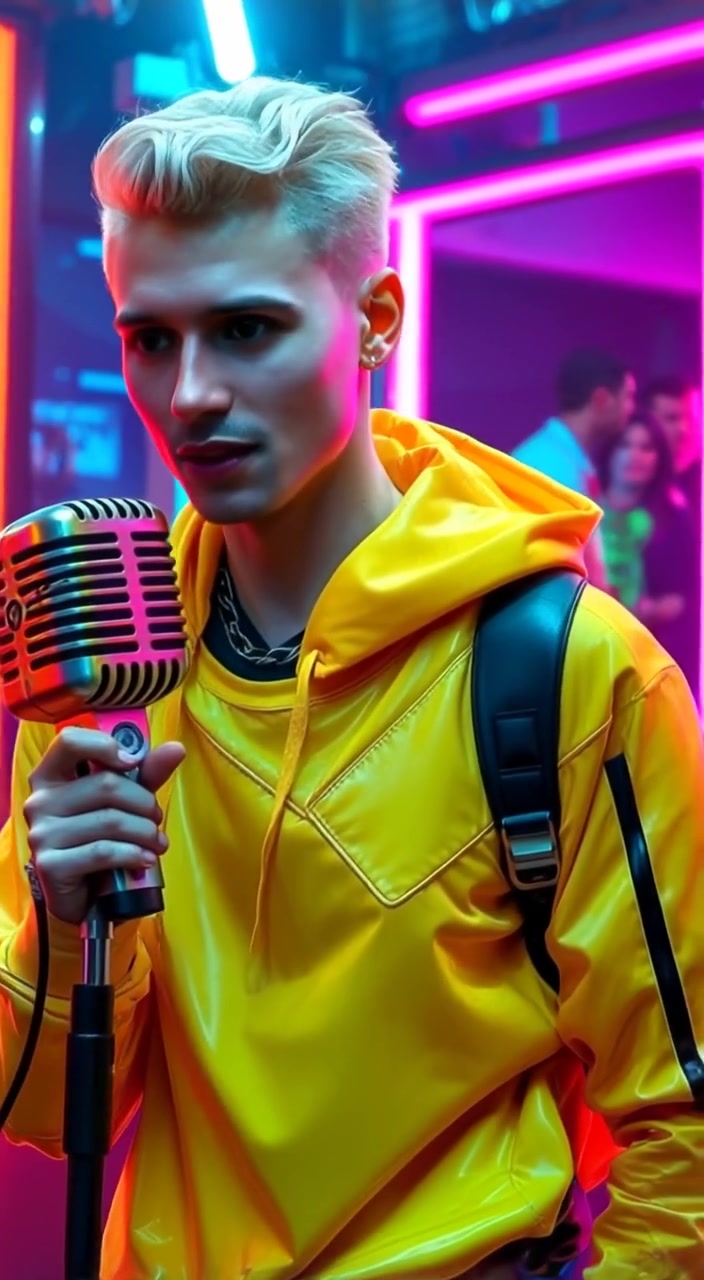The man gently holds the microphone, colorful lights shimmering and pulsing softly in a rhythmic glow around him.