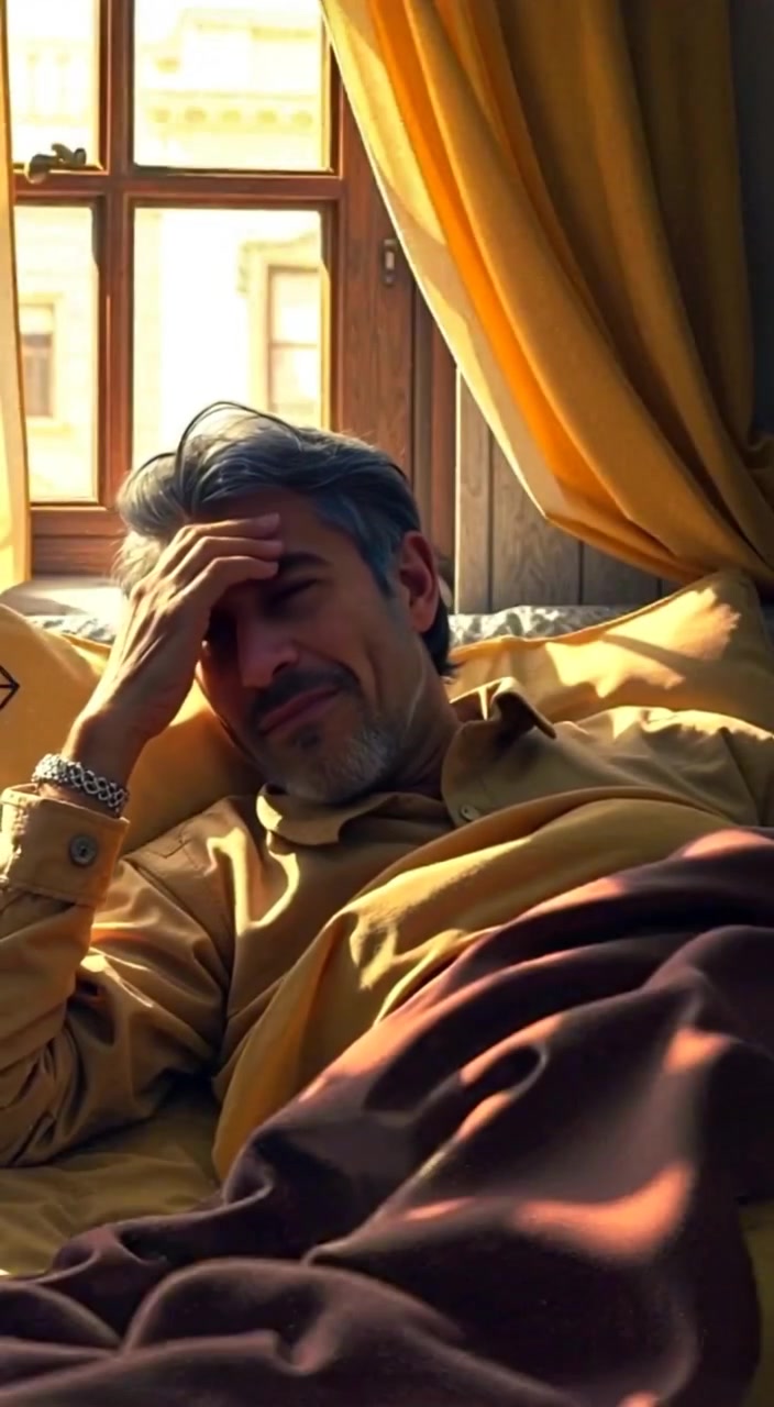 The man rubs his eyes as sunlight softly streams through the window, illuminating the peaceful bedroom.