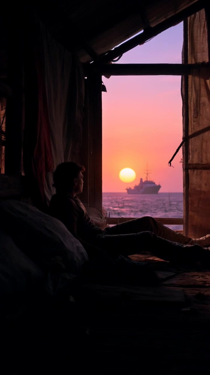 Subject: A startled Survivor waking up in a makeshift shelter. Subject movement: The Survivor quickly sits up, eyes wide, turning towards the sound of a distant ship. Scene: Inside a dimly lit, rustic shelter made of wood and fabric, with morning light streaming through cracks. Style: Warm morning light filtering into the space, creating soft shadows. Motion: Camera performs a smooth push-in towards the Survivor, capturing the startled expression as the ambient sounds of nature and the distant ship fill the air.