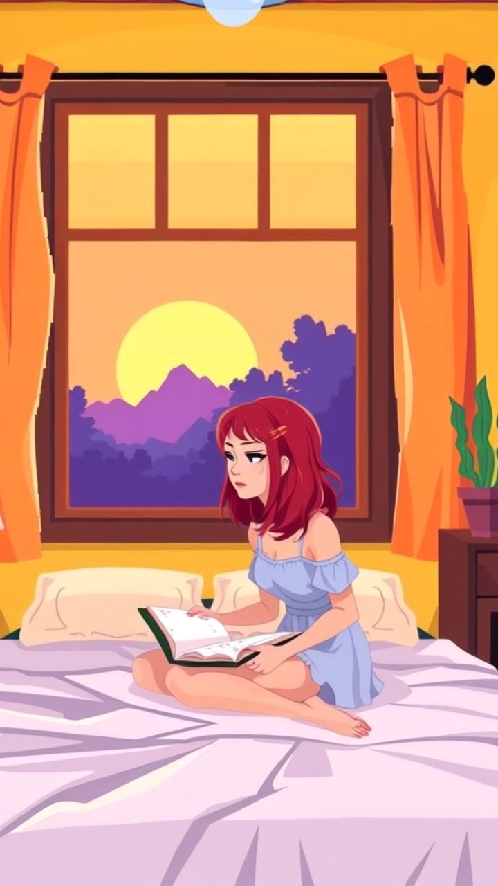 Subject: A person sitting on a bed, immersed in thought while looking at an open journal. Subject movement: The person gently shifts their gaze from the journal to the window, taking in the beauty of the sunrise. Scene: A cozy bedroom with a large window allowing warm, golden morning light to flood in, illuminating the soft textures of the bedding. Motion: The camera slowly pushes in, capturing an intimate close-up of the person's face and the journal, framed by the inviting glow of sunrise.