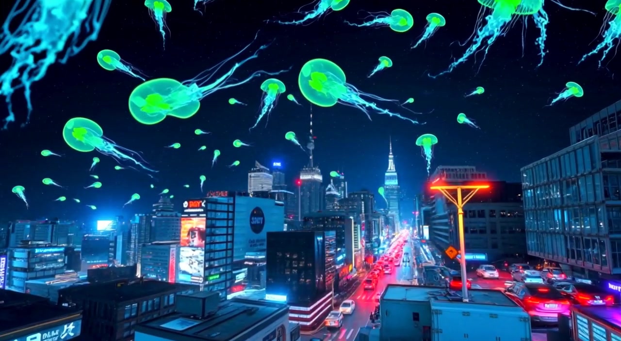 Cars move steadily along the streets while clouds drift slowly across the blue sky above the bustling city.