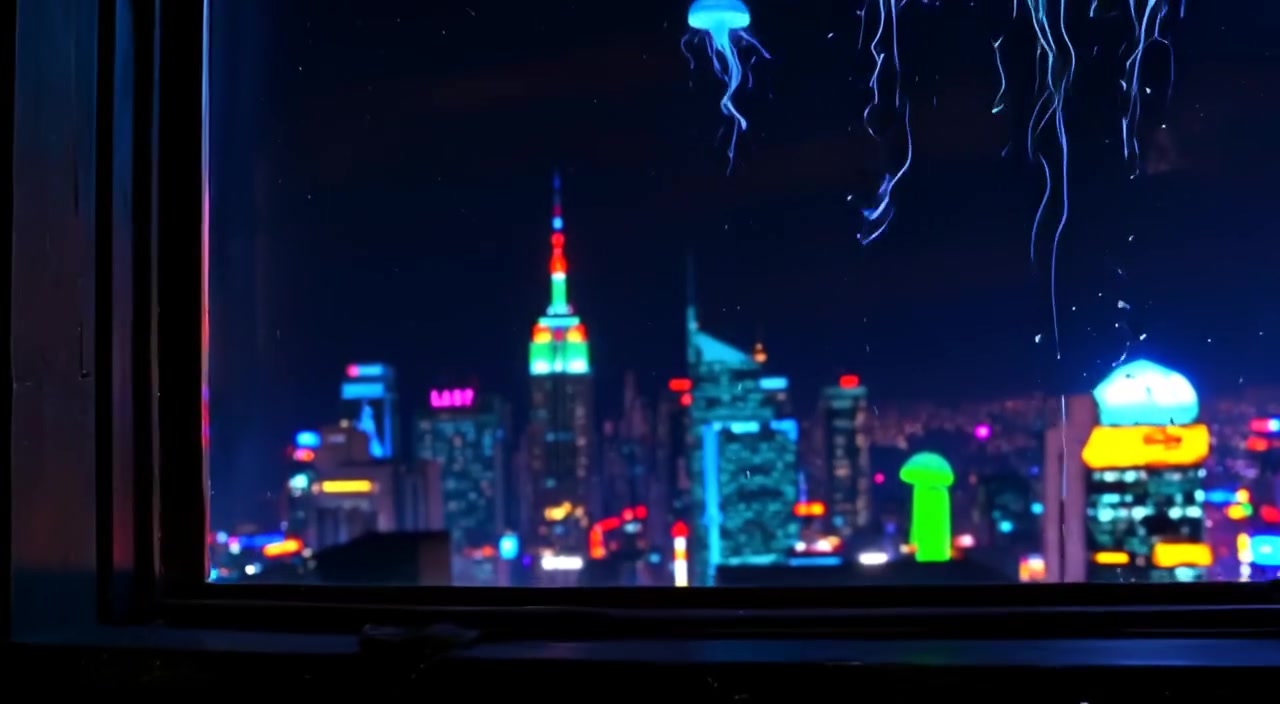 Raindrops gently slide down the window, blurring the vibrant city skyline beyond.