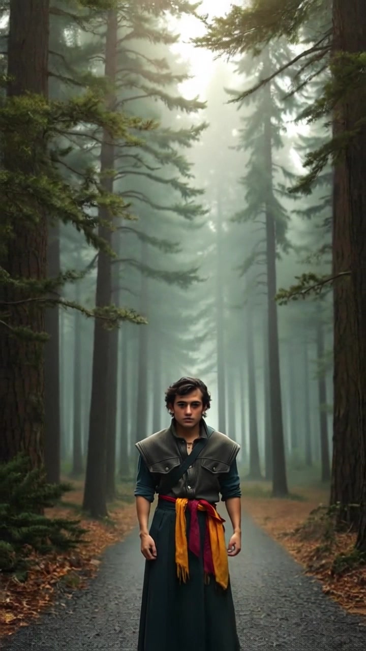 Scene: A crossroads in a dense forest, surrounded by towering trees shrouded in a mystical mist. Style: Soft, diffused lighting enhances the ethereal atmosphere, casting gentle shadows on the forest floor. Motion: Camera moves through the forest, weaving between the trees and gliding toward the fork in the path, creating a sense of intrigue as the mist swirls around.