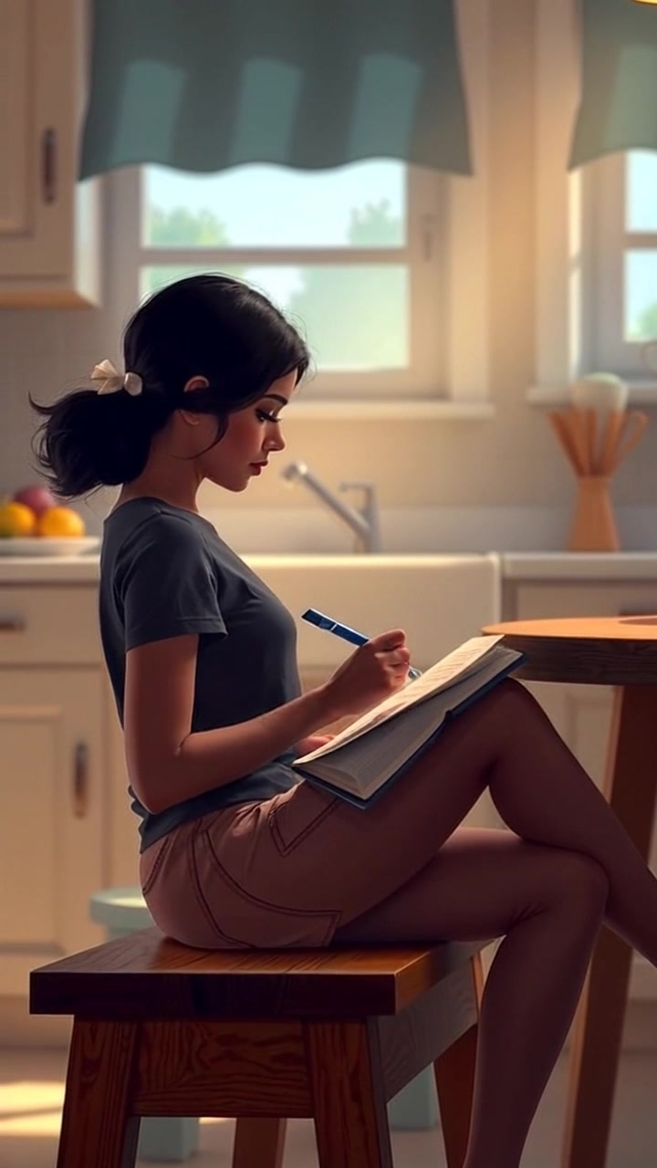 The Main Character sitting on a wooden bench by the lake, writing in her journal.