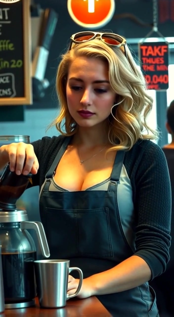 The woman gently pours coffee into a cup, her expression focused on the task at hand.