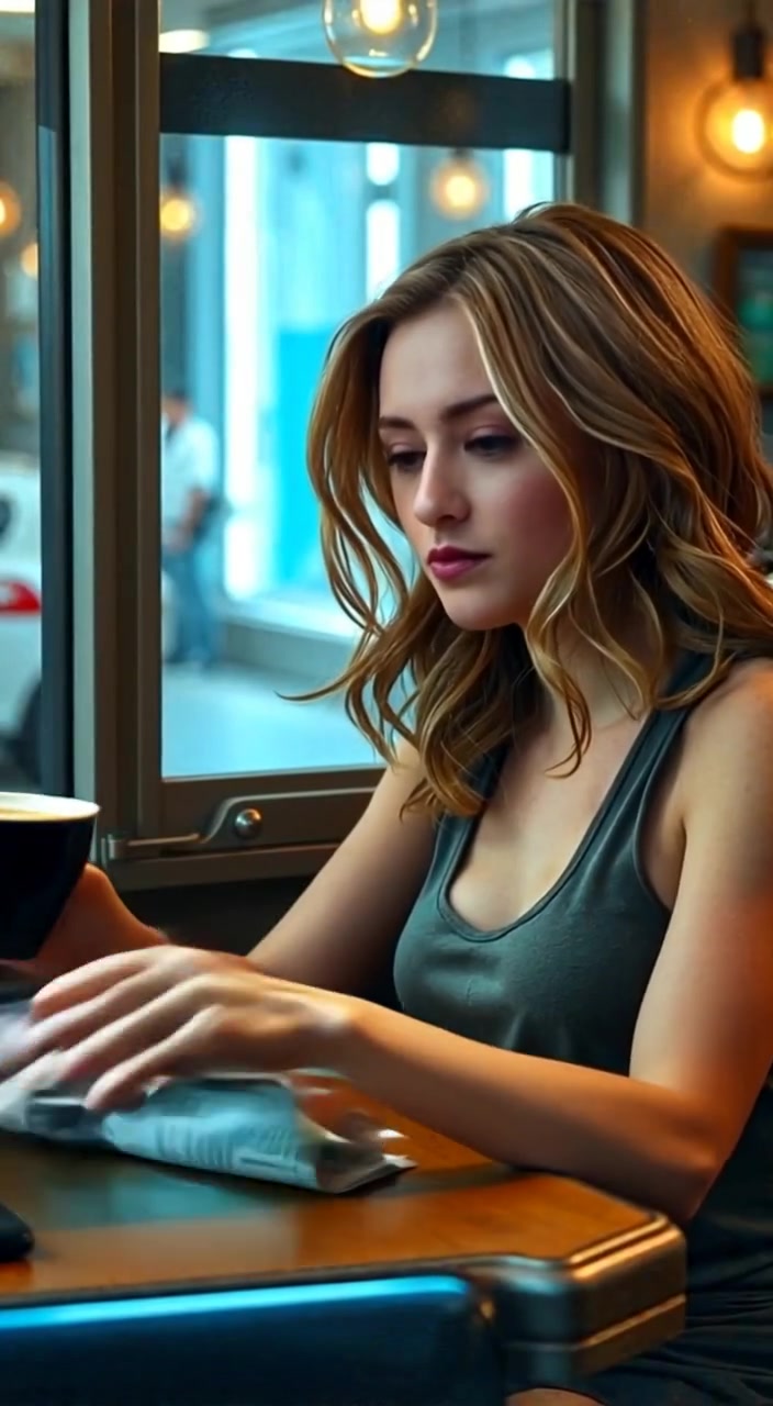 The woman gently sips her coffee, glancing at the newspaper with a contemplative expression.