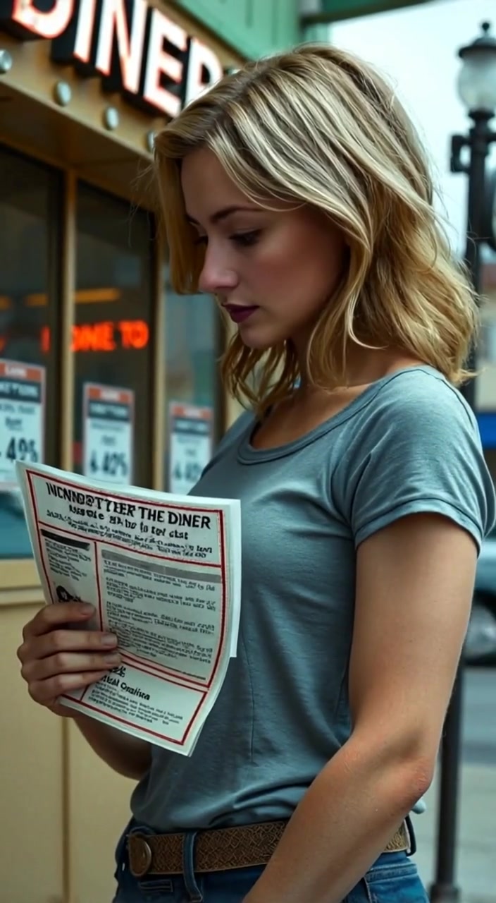 The woman examines a flyer, a gentle breeze rustles her clothing outside the diner, focused and contemplative.