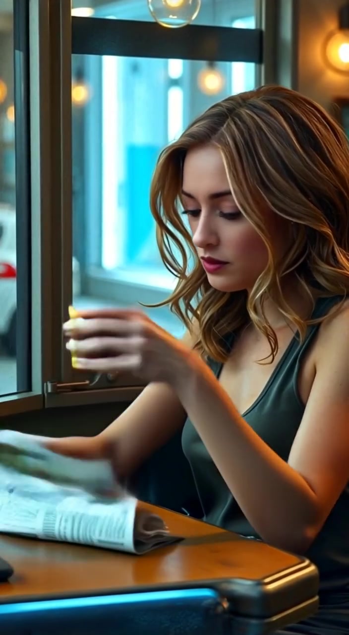A woman gently sips a coffee, her gaze dropping to the newspaper on the table.