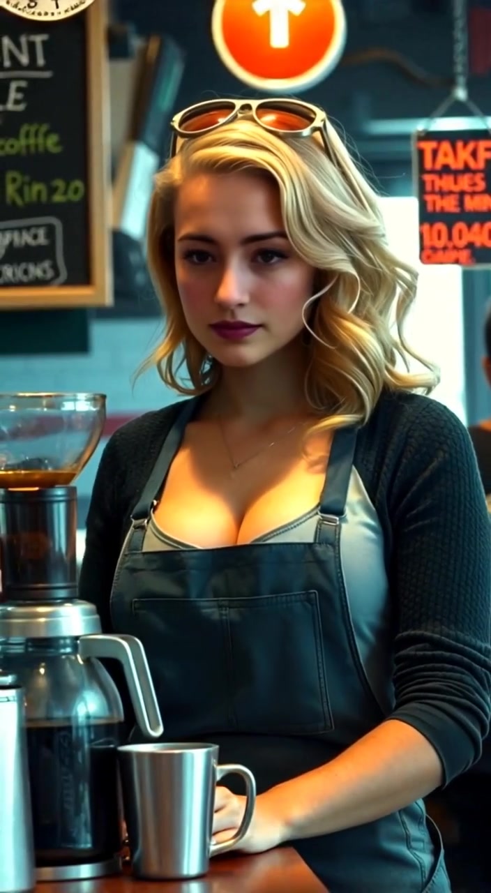 The woman serves coffee with a focused expression, gently moving between tables in a bustling diner.
