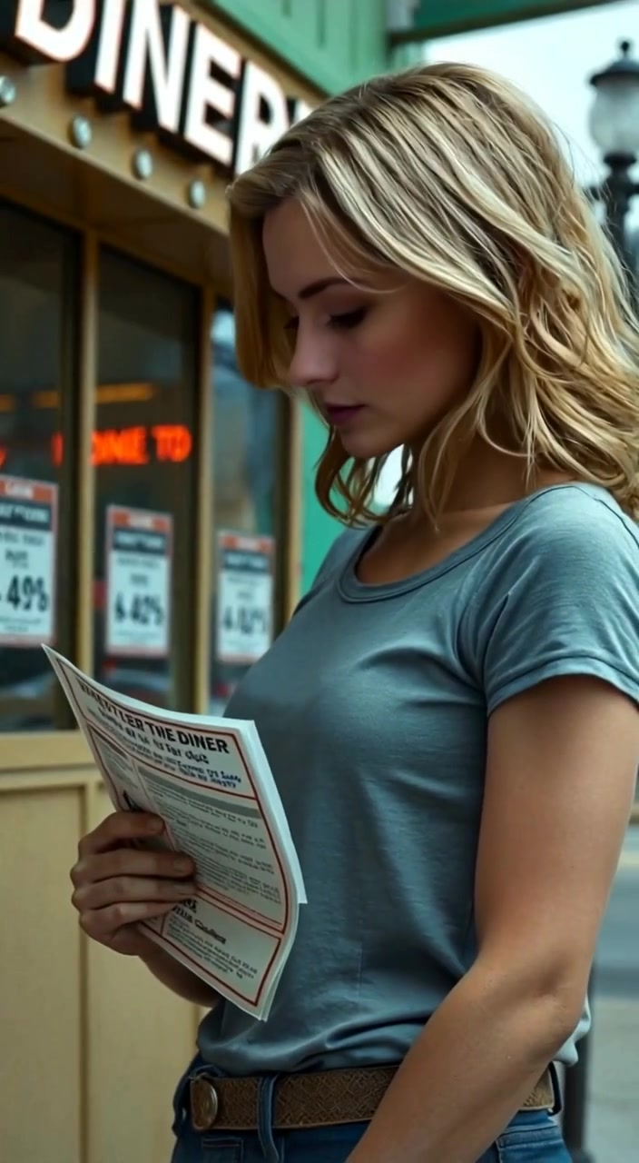 The woman examines a flyer in the gentle breeze outside a diner, lost in thought.