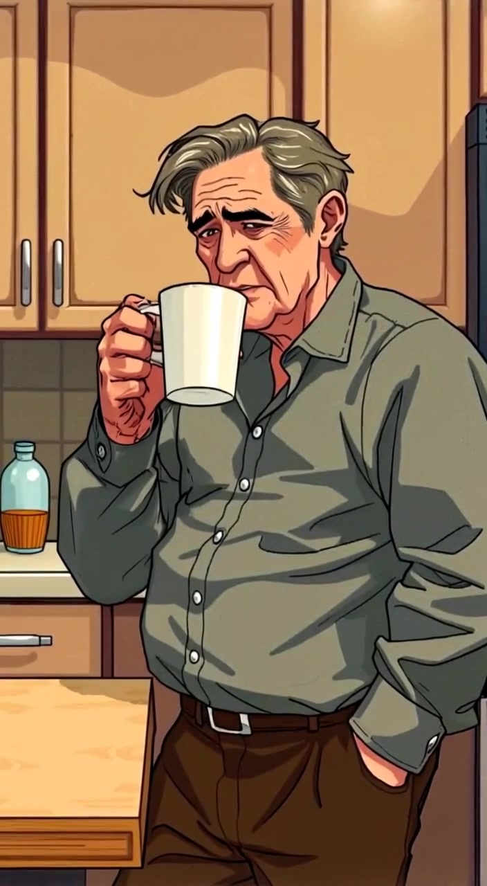 The man gently sips his coffee while gazing thoughtfully out of the kitchen window.