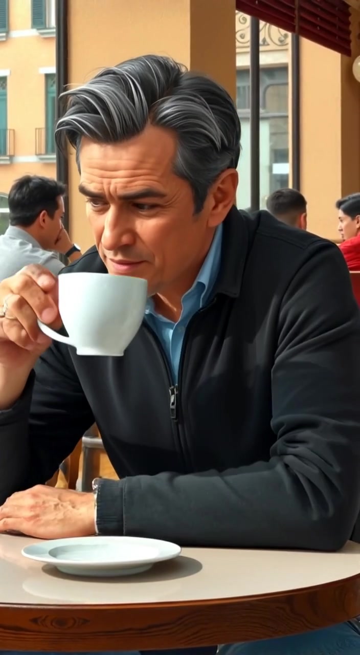 The man gently lifts the coffee cup to his lips, taking a slow sip while gazing thoughtfully out the window.