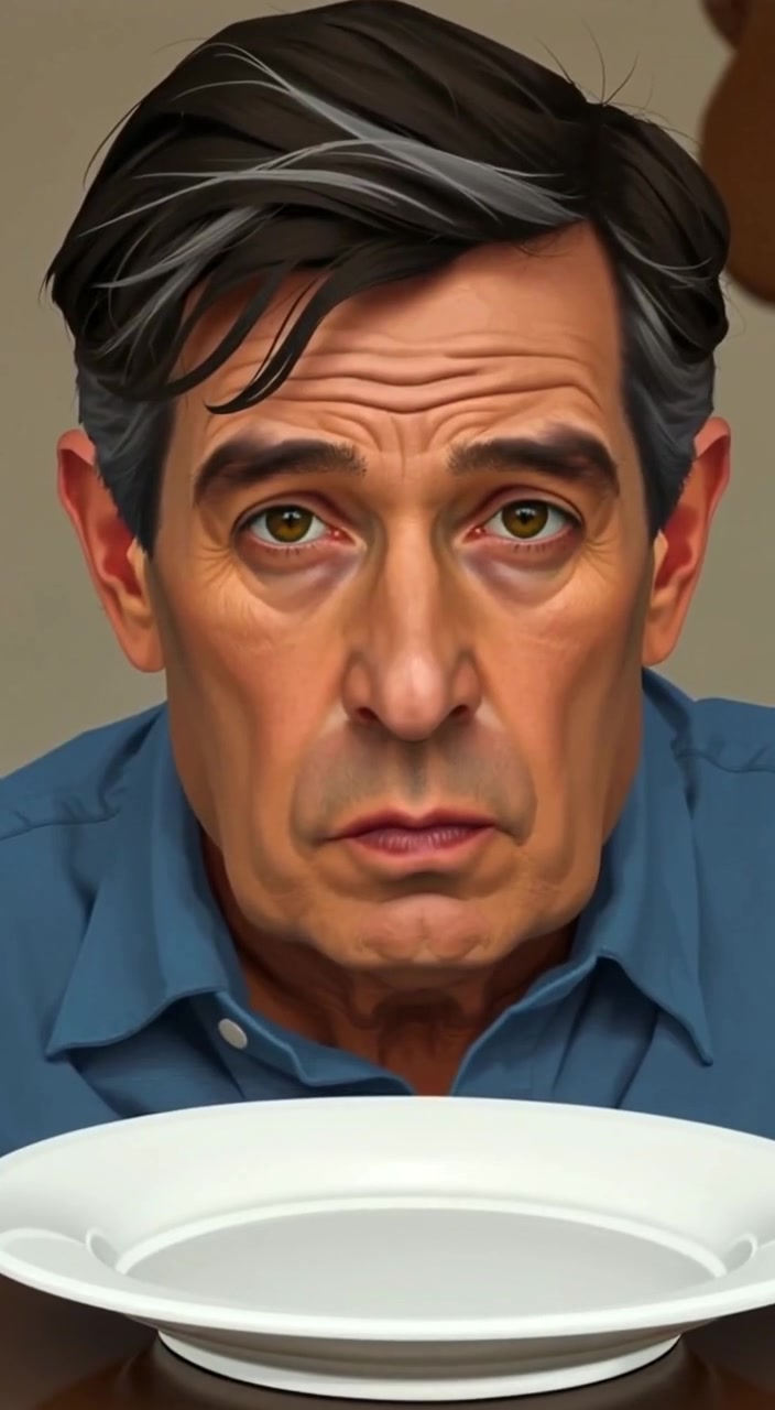 The man blinks slowly, his gaze fixed on the empty plate in front of him.