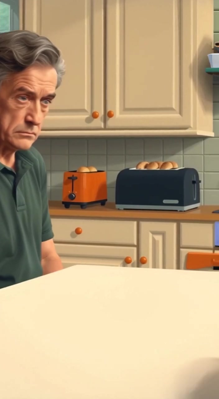 The man gazes down at the empty table, disappointment lingering in the air around a lone toaster.
