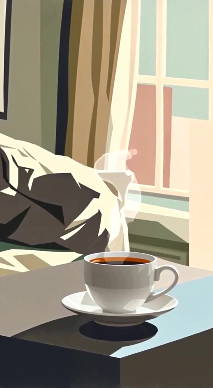 Steam rises gently from the coffee cup as morning light dances across the bedside table.
