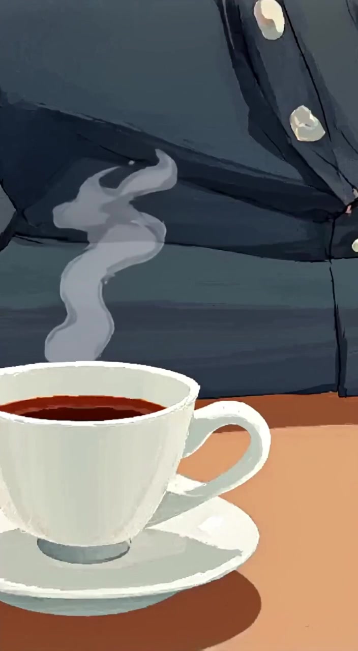 The man gently stirs his coffee, steam curling upwards as he contemplates while glancing around the cozy kitchen.