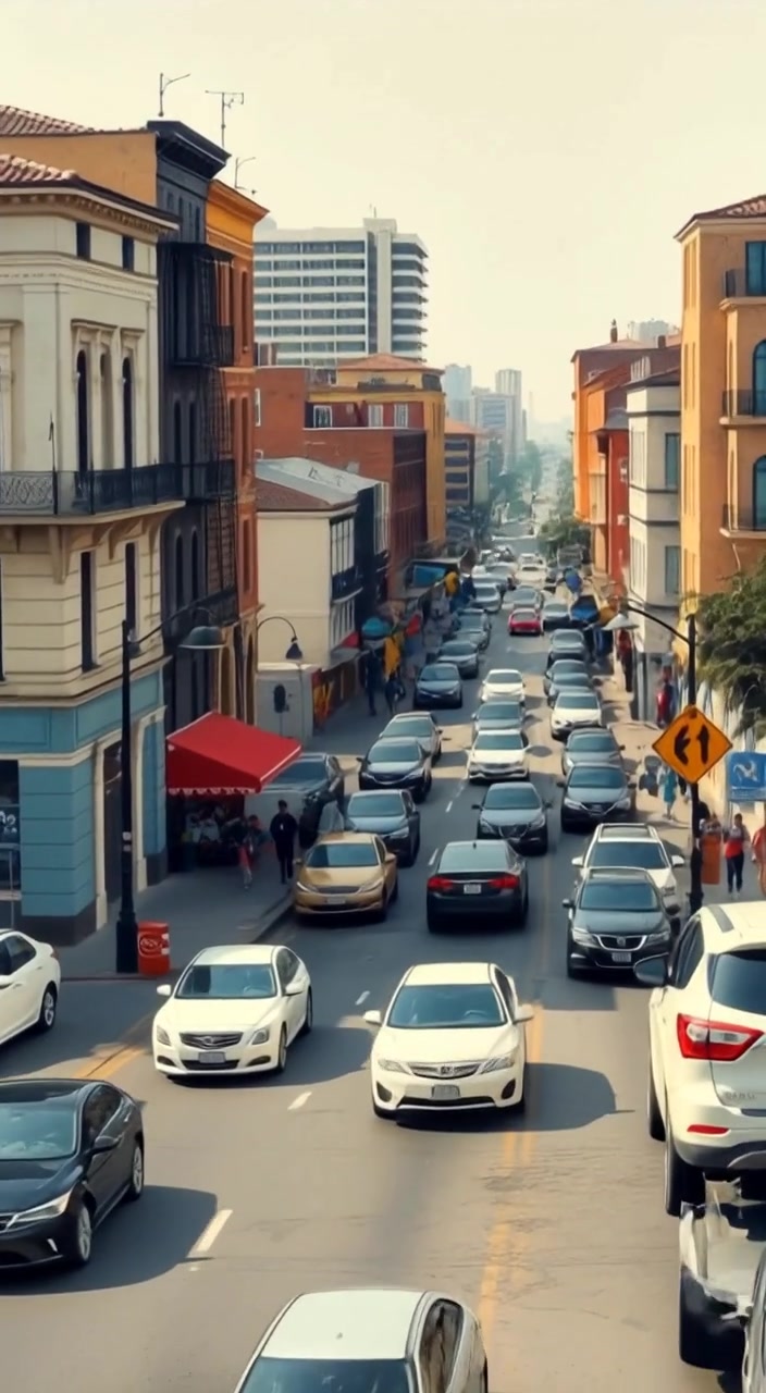 Pedestrians walk naturally across a busy street, while cars smoothly pass by in the morning light.