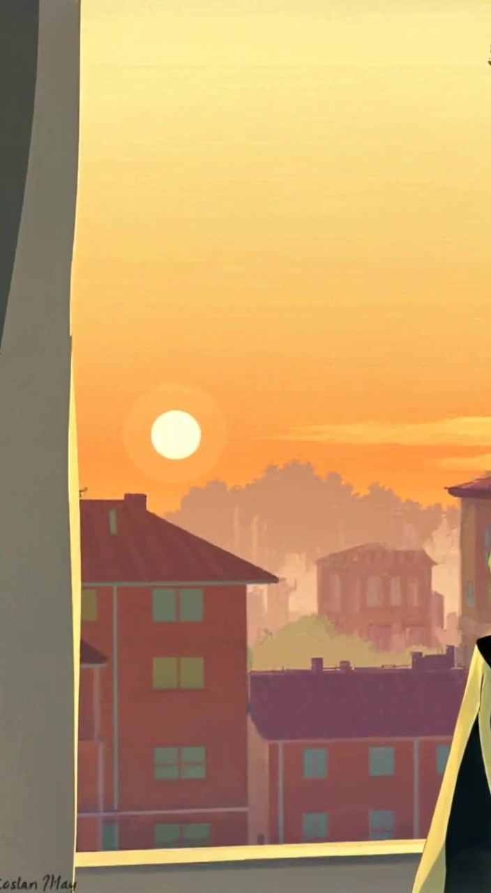 The man gazes thoughtfully out the window as the sun rises, casting warm light across his face.