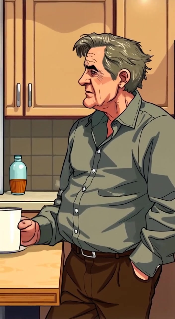 The man leans against the kitchen counter, gently stirring his coffee while glancing out the window.
