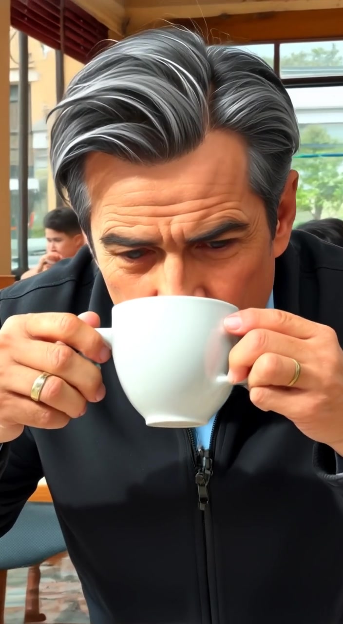 The man gently lifts the cup of coffee to take a sip, focusing intently on the warm beverage.