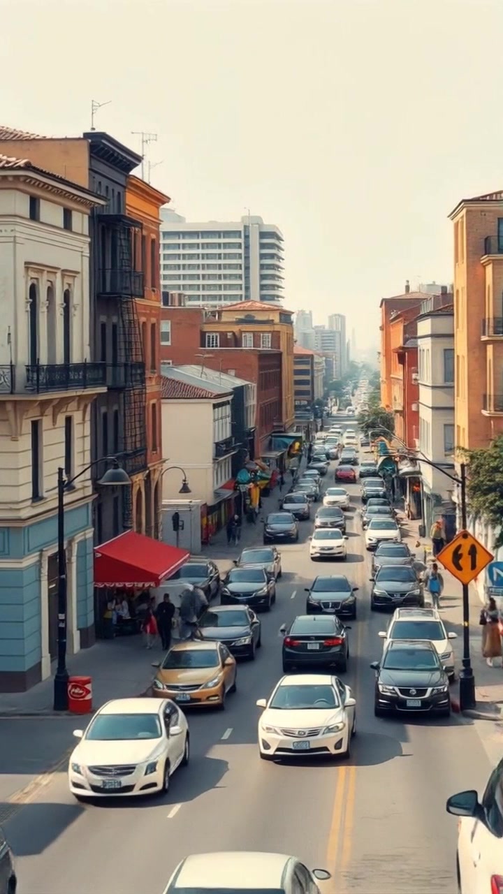 Scene: A panoramic view of a bustling Crescent City street, with cars zipping by and pedestrians crossing as the day begins. Style: Morning light illuminating the vibrant city atmosphere, casting soft shadows on the bustling activity. Motion: Camera smoothly glides down the street, capturing the flow of movement and energy as the day unfolds.