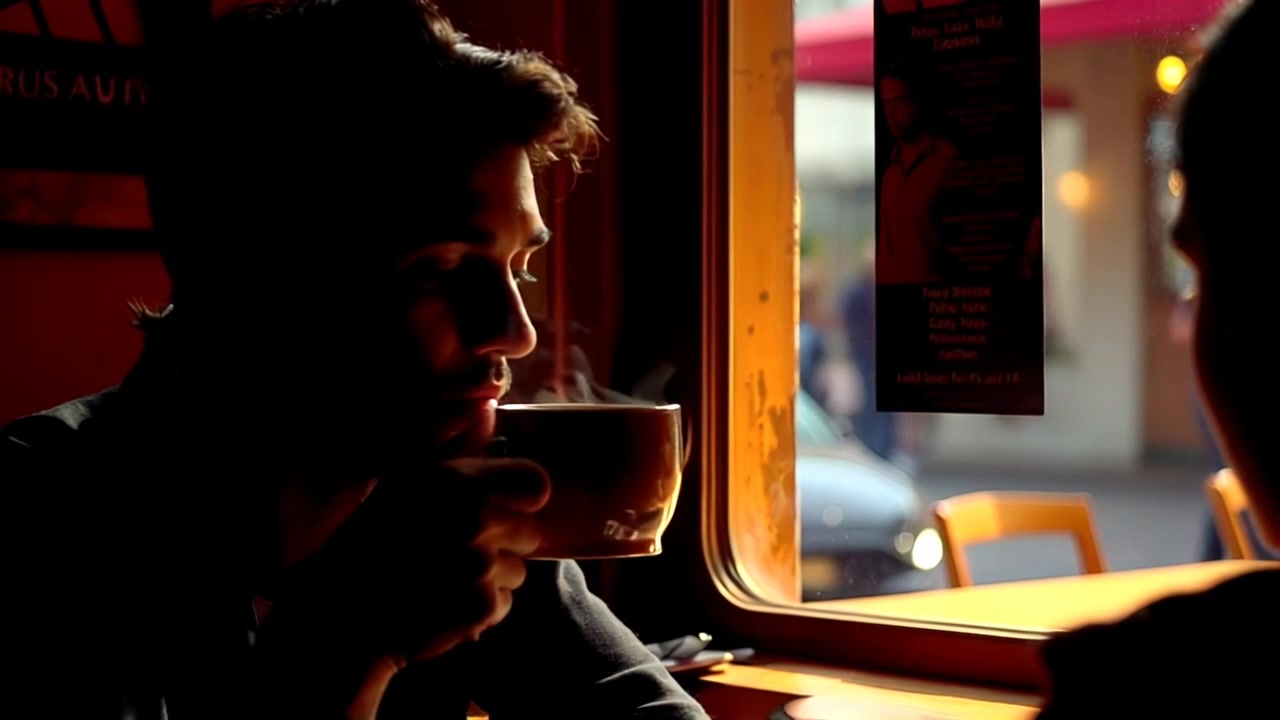 Subject: A person sitting in a cozy coffee shop, looking thoughtfully out the window while holding a steaming cup. Subject movement: The person shifts slightly in their seat, taking a sip from the cup and gazing out as if lost in thought. Scene: Intimate coffee shop setting with warm wooden accents, soft ambient lighting, and patrons engaging in quiet conversation. Motion: Camera performs a gentle push in on the subject from a side angle, capturing the warmth of the scene and the reflective expression on their face.