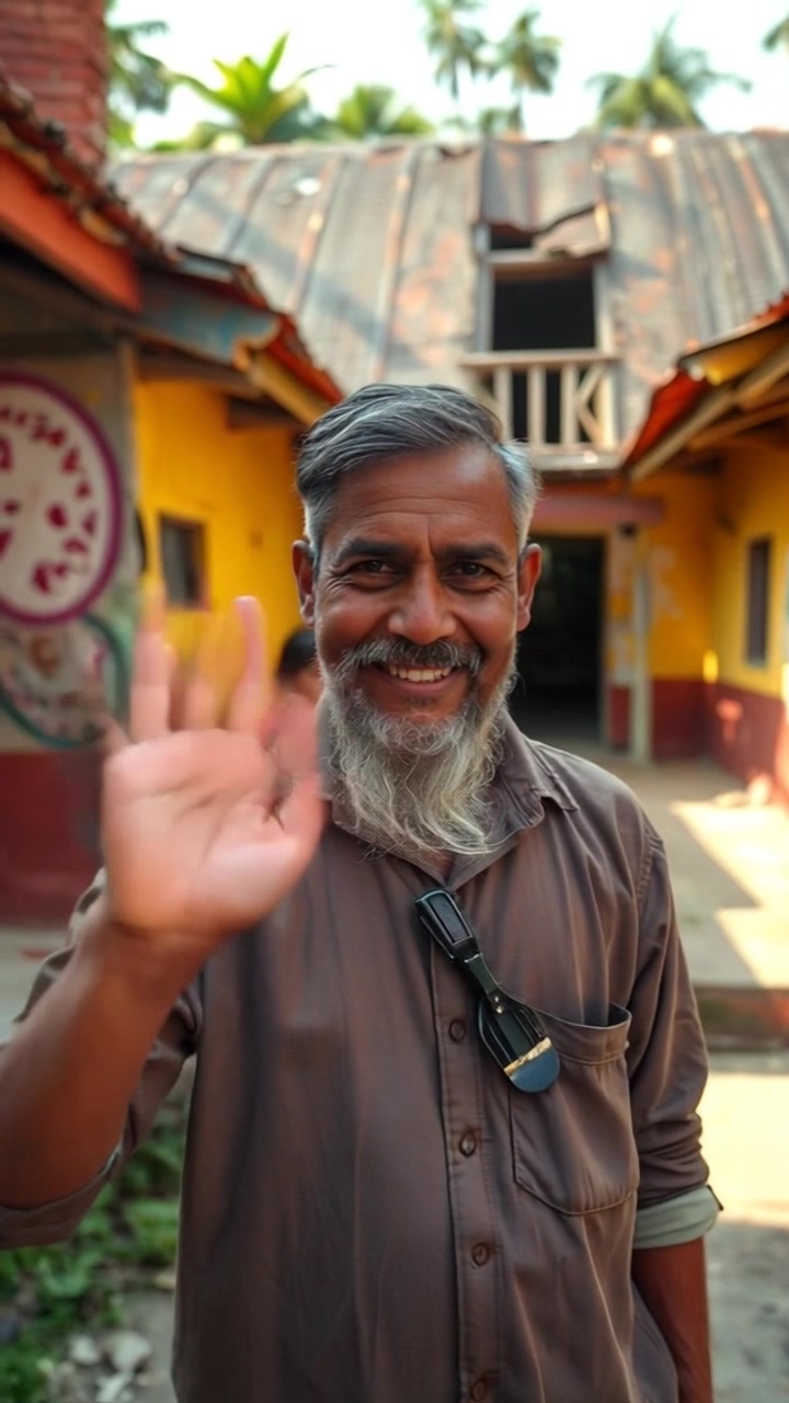 Subject: A young boy standing in front of his traditional South Asian home. Subject movement: Raamu waves energetically, a friendly smile on his face. Scene: A quaint village with colorful houses, surrounded by greenery and distant hills. Style: Warm, midday light illuminating the vibrant colors of the village. Motion: Camera performs a gentle push-in towards Raamu, capturing his joyful expression as background sounds of village life play softly.